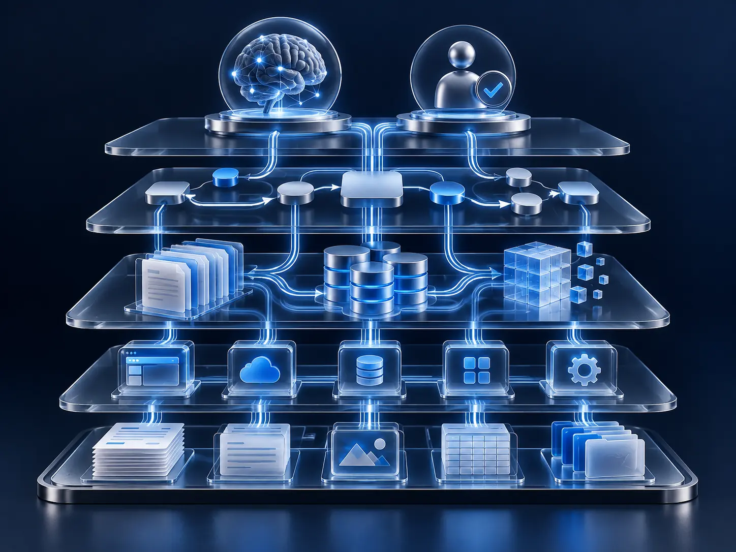 A layered automation architecture connecting systems, data, AI and human decisions